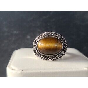 925 Sterling Silver Tiger's Eye Marcasite Ring Vintage, SIZE US 5 Thailand
